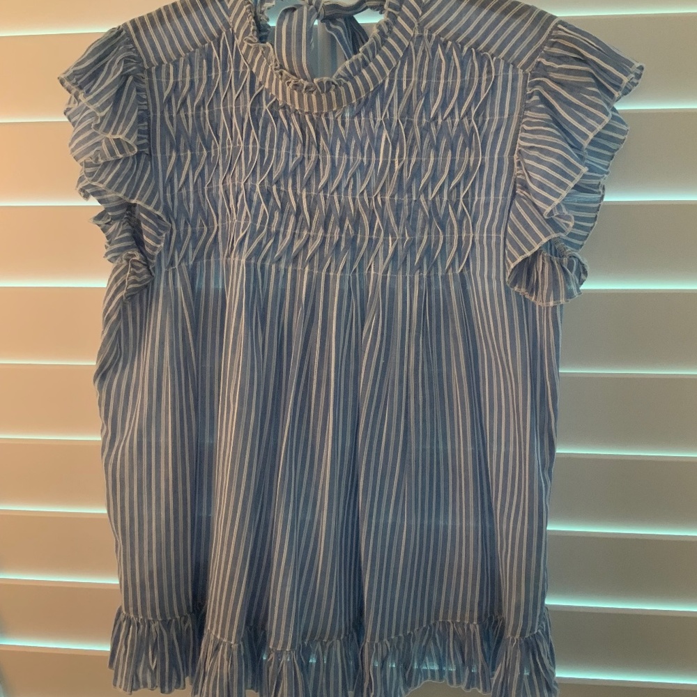 Anthropologie Blue Striped Ruffle Top
